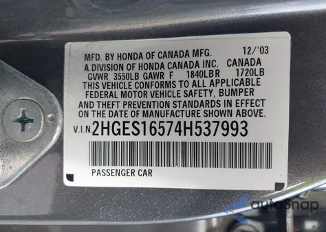 2004 Honda Civic Lx from USA, damaged, VIN 2HGES16574H537993